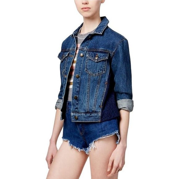 Free People Womens Jacket S Denim Jean Trucker Lace Inset Button Raw Hem - Picture 2 of 12